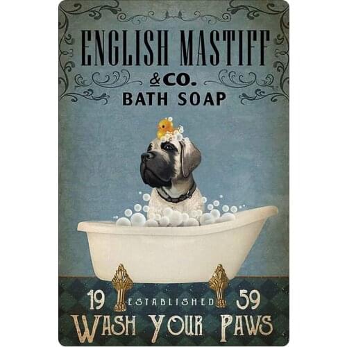 Dog Tin Sign Vintage English Mastiff Wash Your Paw Poster Bathroom Bar Club Coffee Shop Family People Cave Wall Decoration