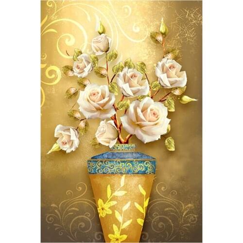 Golden Flowers Rose Vase Diamond Painting Round Full Drill Nouveaute DIY Mosaic Embroidery 5D Cross Stitch Floral Oil Pattern