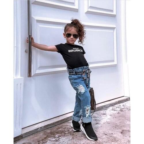 Toddler kids Baby Girls clothes summer lovely round neck pullover Tops letter Button pocket Trousers 2pc cotton outfit