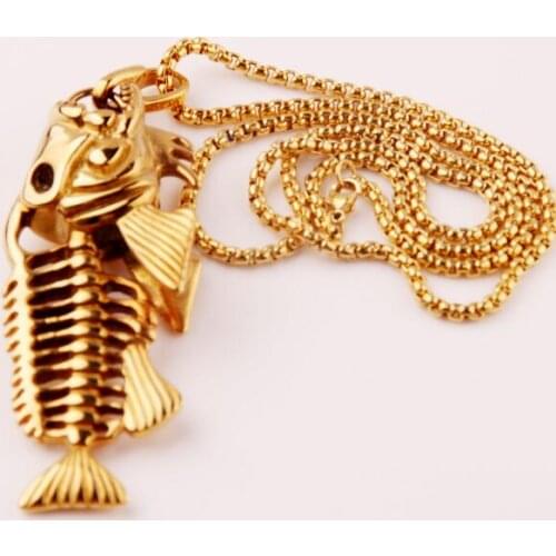 3mm 24'' Gold Biker Stainless Steel Large Fashion Fish skeleton Pendant Mens cool Necklace