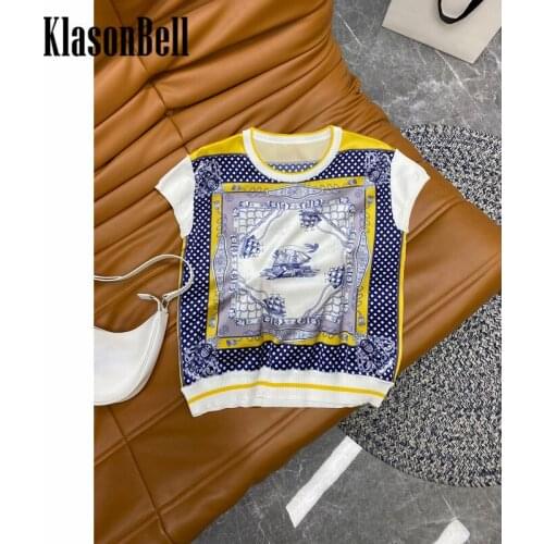 7.5 KlasonBell Silk T-Shirt Women Casual Fashion Polka Dot Ship Print Patchwork Tee