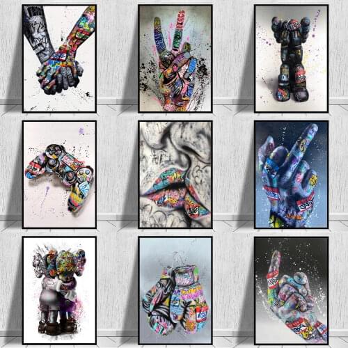 Abstract Graffiti Street Art Lover Kissing Canvas Painting Posters and Prints Hand By Hand Wall Art Pictures for Living Room
