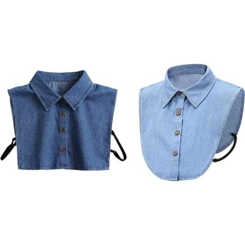 Unisex Detachable Half Shirt Blouse Blue Denim Cotton Pointed Lapel False Collar G5AE
