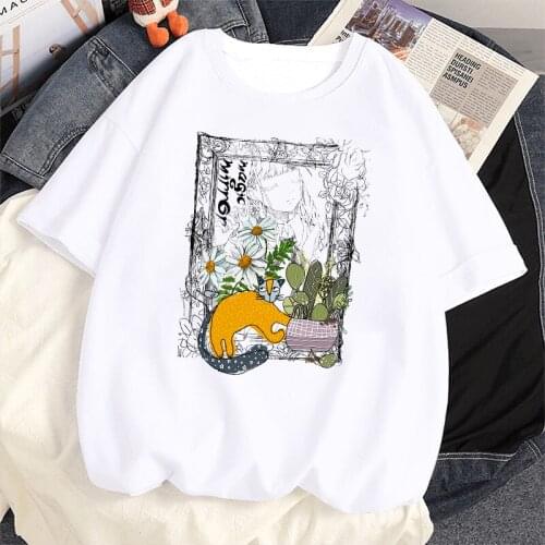Cartoon Pattern Hand Painting Girl And Cat Print Tshirt Women Casual Funny T Shirt For Lady Girls Summer Top Tee Kawaii Tshirts