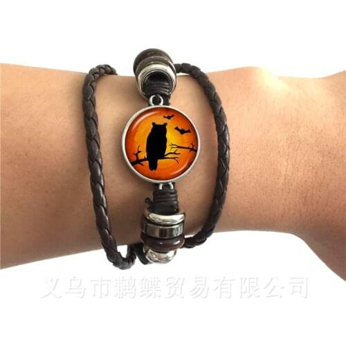 Owl Pattern Classic Bracelet Insect Art Picture Glass Cabochon Dome Black/Brown 2 Color Leather Cords Adjustable Bangle