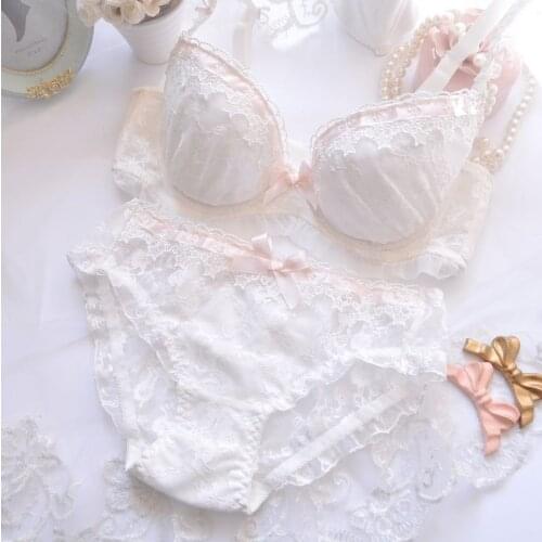 Sexy Push Up Bra Sets Japanese Brassiere Floral Cotton Panties Women Underwear 2Pcs Lace Bow Red Heart Brief 36 38 40 A B C DCup