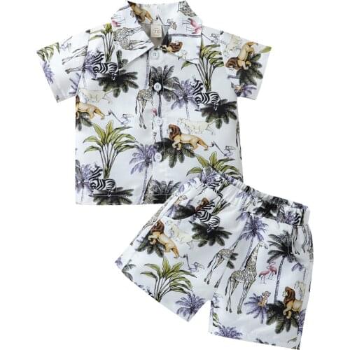 FOCUSNORM 2pcs Newborn Baby Boys Clothes Sets Animal Printed Short Sleeve Single Breasted Shirts Tops Shorts 0-24M