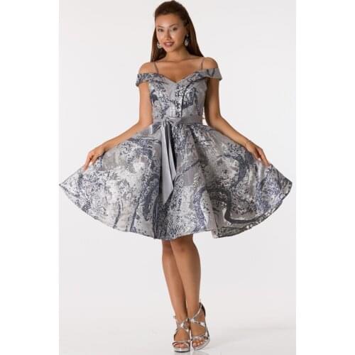 SHECCA (63211) Patterned Fabric V Neck Short Evening Dress