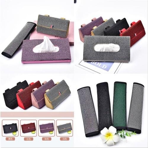 Multi-Function Car Interior Crystal Tissue Box Seat Belt Shoulder Cover Seasons Universal Diamond Set Rhinestone Diy Decorations