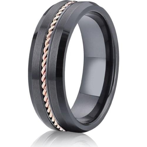 Mens Ring black ceramic Alliance wedding band rings for couples men jewelry 14k rose gold twist marriage rings for women