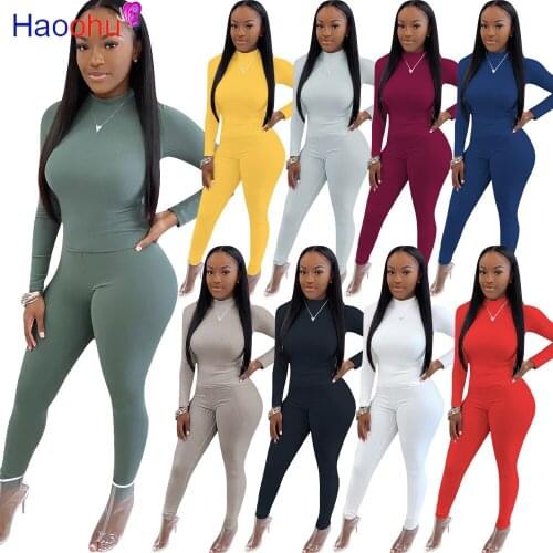 2020 Autumn Fashion Solid Women Two Piece Suits Ribbed Long Sleeve Stretchy Crop Top Jogger Legging Casual Plus Size Tracksuits