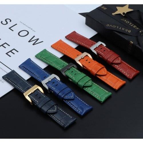 22mm 24mm 26mm Black Brown Blue Green Grey White Italy Calf bamboo Leather Watchband for Panerai strap watch band Tang Buckle