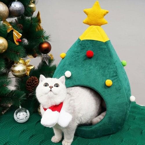 Merry Christmas Dog Cat Bed House Winter Warm Christmas Tree Dog Cat Home Soft Nest Pet Bed Cat Cave Tent Litter Box Pet Mat Pad