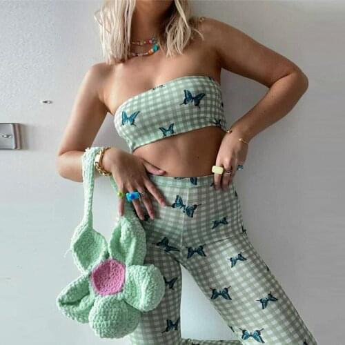 Butterfly Plaid Tube Top Sexy Flare Pants High Waisted Sleeveless Tank Top Two Piece Set Party Club Streetwear 2021 Missnight