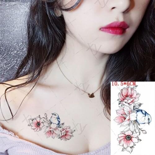 Temporary Tattoo Stickers Pink Flowers Swallow Bird Fake Tattoos Waterproof Tatoos Arm Chest Small Size for Girl Women Men