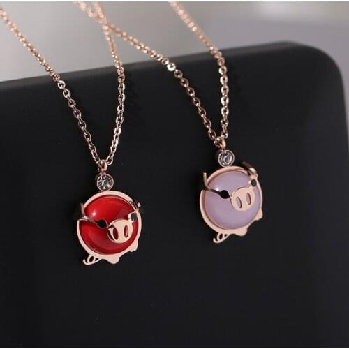 YUN RUO 2019 Rose Gold Color Fashion Lucky Pink Crystal Pig Pendant Necklace Titanium Steel Jewelry Woman Birthday Never Fade