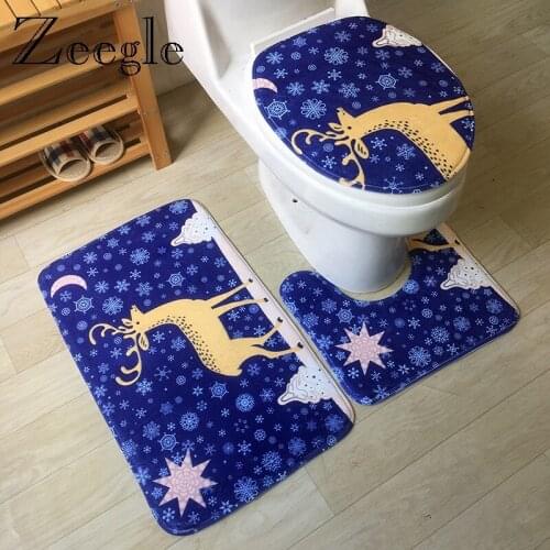 Zeegle 3pcs Merry Christmas Bathmat Set Anti-slip Bathroom Doormat Shower Mat Lid Toilet Cover Mat Modern Absorption Toilet Rug