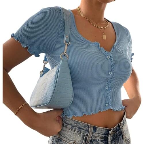 2020 Summer Hot Sell Sexy Women V-neck Short Sleeve Ruffle T-shirt Clubwear Buttons Bodycon Solid T-shirt Crop Tops