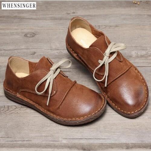 2018 Spring Summer New Genuine Leather Women Shoe Casual Leather Shoes For Women Flat Shoes Ladies Lacing Loafers