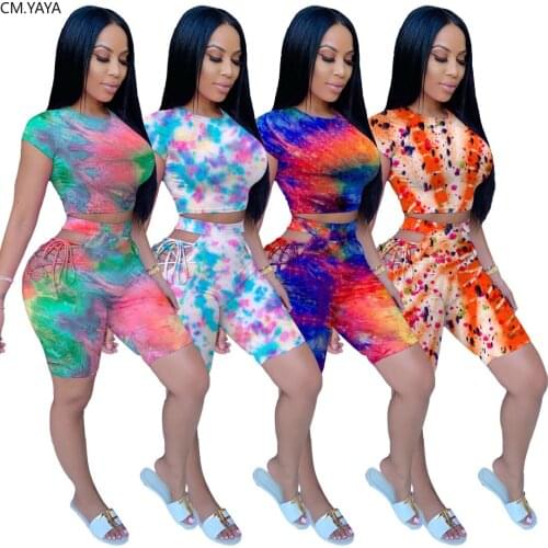 CM.YAYA Tie Dye Knitted Women Two Piece Set Mini T-shirt Lace Up Shorts Jogger Pants Suit Tracksuit Matching Set Casual Outfit