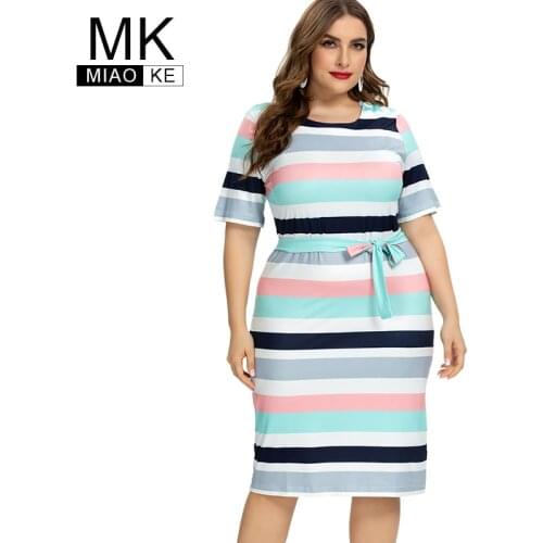 2020 Summer Womens Plus Size Striped Dress fashion Casual midi Contrast Bandage dress 4XL 5XL 6XL