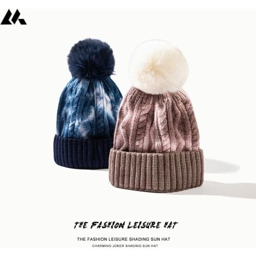 Winter Warm Knitted Hats for Women Autumn Knit Caps With Ball Pompom Tie dye Color Accessories Wholesale Hats