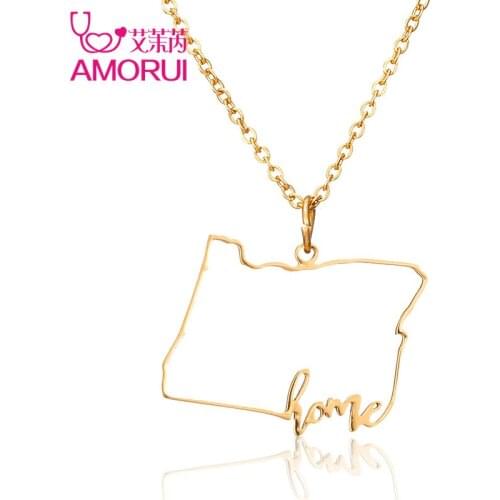 AMORUI New Stainless Steel Gold Color Oregon State Home Pendant Necklace Fashion Collier Femme Map Necklaces for Women Gift