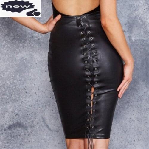 New Brand Free Shipping PU Leather Woman High Waist Pencil Skirt Slim Black Club Party Sexy Bandage Skirts Fall Streetwear