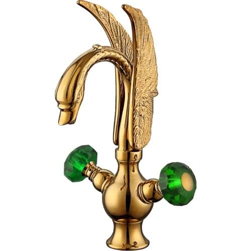Free ship Gold finish PVD bathroom basin sink swan mixer faucet Green crystal double handles Single hole