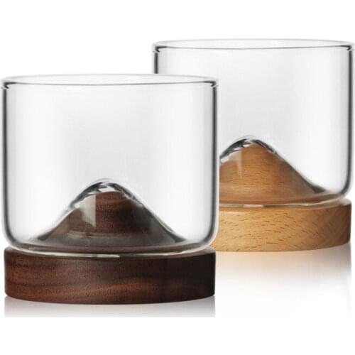 120ml Whiskey Glass Mountain Fuji Style Wine Glass Teacups with Wooden Bottom Transparent Vodka Coffee Milk Glass Cup Bar Club