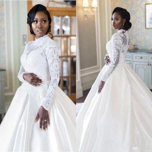 Classic High Neckline Illsion Long Sleeves Wedding Dresses Sweep Train Lace Appliques Ballgown African Bridal Gowns