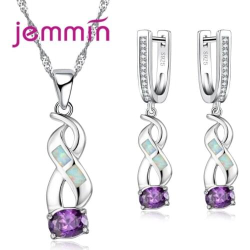 Fine Purple Crystal Wedding Jewelry Sets For Women 925 Sterling Silver White Opal Pendant Necklace Earrings Set For Femme