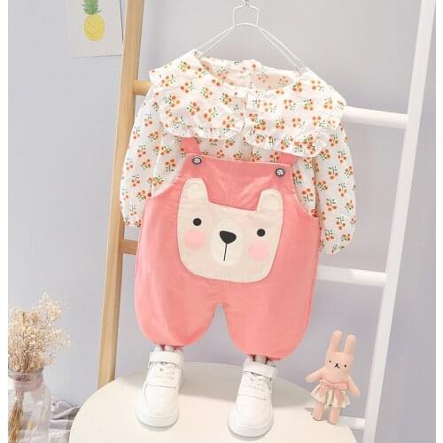 Baby Girl Sets Newborn Long Sleeve Doll Collar Floral Blouse+Cartoon Suspenders Pants Two Piece Suit Lovely Toddler Girl Outfit