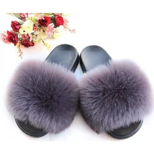 Summer Women Fox Fur Slippers Fur Slides Female Indoor Flip Flops Casual Raccoon Fur Sandals Furry Fluffy Plush Shoes TX407