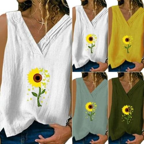 Women Ladies Sleeveless V-neck Floral Tank Top Summer Vest Cotton Linen Blouse_