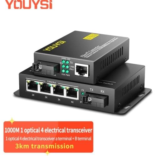 YOUYSI 10/100/1000M 1SC/4GE POE Media Converter 3KM Single-Mode Single Fiber Optical Transceiver SC
