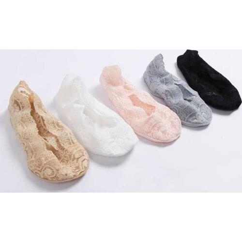 5 Pairs Ladies Lace Low Cut Liner Socks Invisible No Show Boat Ballet Footsies Nonslip Home Soft Low Cut Lace Slim Skin 903-A097