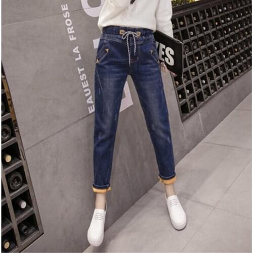 2020 New Winter Elastic Waist Ankle Length Velvet Women Jeans High Waist Loose Cusual Straight Warm Pants Cords Nine Plus Size