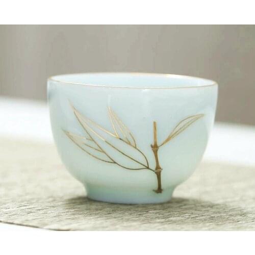 2pcs Manual Paint Teacup Trace a Design in Gold Chinese Ceramic Teacup Bamboo Tea Cup Celadon Ware Teacup