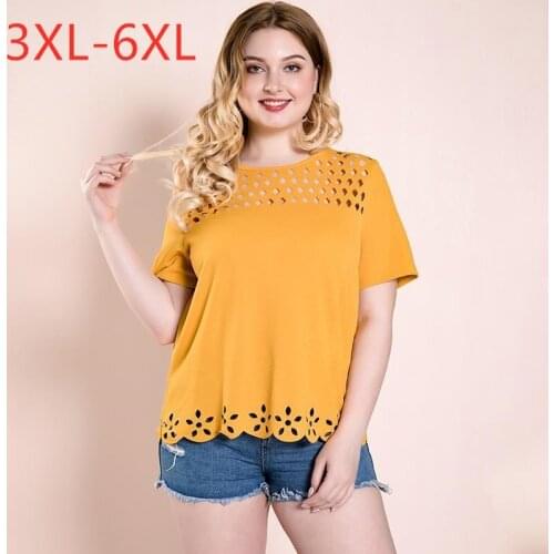 Female summer plus size tops for women large short sleeve loose elegant hole casual lace O neck T-shirt yellow 4XL 5XL 6XL 7XL