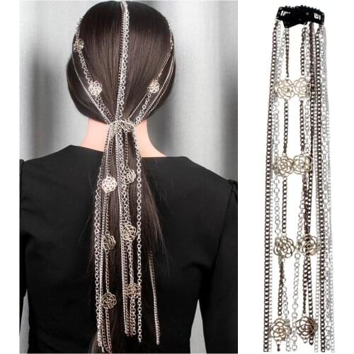 Elegant Rose Hair Chain Bling Metal Style Ponytail Long Tassel Chain Hair Accessories Clip Bridal Wedding Prom Head Extensions