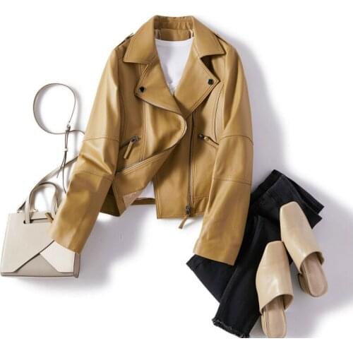 Womens Sheepskin Coat Genuine Short Motorcycle Biker Jacket Spring Autumn Leather Coas Veste Cuir Femme 9690SK