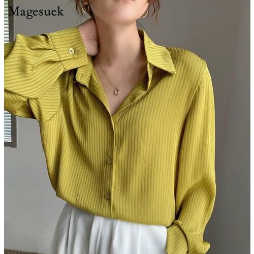 Office Ladies Striped White Shirt Women Single-Breasted Long Sleeve Woman Blouses Tops Elegant Loose Shirts Blusas Mujer 13679