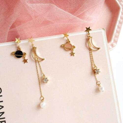 Cute Fantasy Star Series Asymmetric Temperament Sweet Pearl Zircon Fringe Long moon Earrings for women