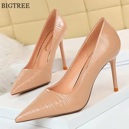 Embossed PU Leather Women Pumps 2021 Fashion High Heels Wedding Shoes Nude Red Pointed Large Size Autumn Sexy Ladies Dress Shoes