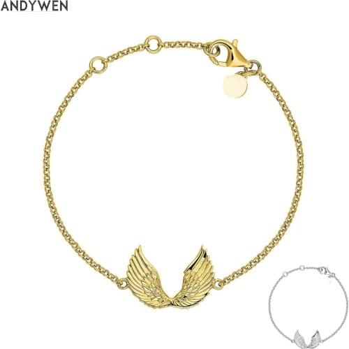 ANDYWEN 925 Sterling Silver Gold Plated Silver Wings Bracelet Chain Bangle Luxury Jewelry 2021 Rock Punk Women Wedding Party