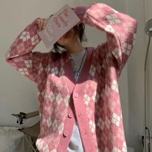 Sweaters for Woman Fashion Preppy Style Geometric Diamond Plaid Loose Cardigan Female Loose Long Sleeve V-neck Ladies Sweater