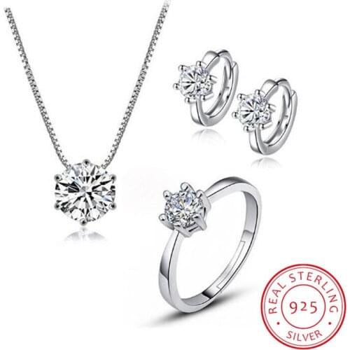 925 Sterling Silver Dazzling 6 Claws AAAAA Zirconia Necklace+Earrings+Ring Jewelry Sets For Women Wedding Jewelry