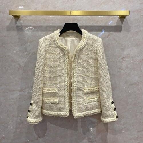 Autumn Winter New Designer Womens Wool tweed coat High quality O-neck elegant overcoat C884