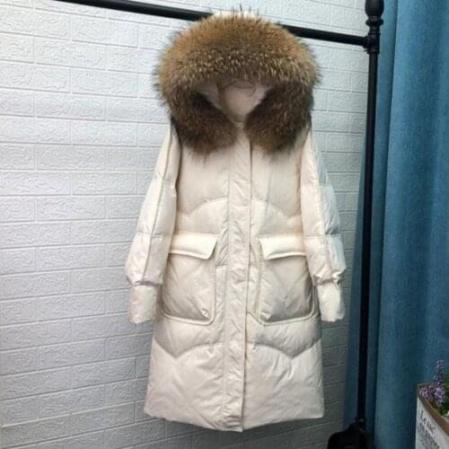 LY VAREY LIN New Winter Women Loose Raccoon Fur Hooded 90% White Duck Down Coat Thick Warm Long Jacket Solid Color Outwear